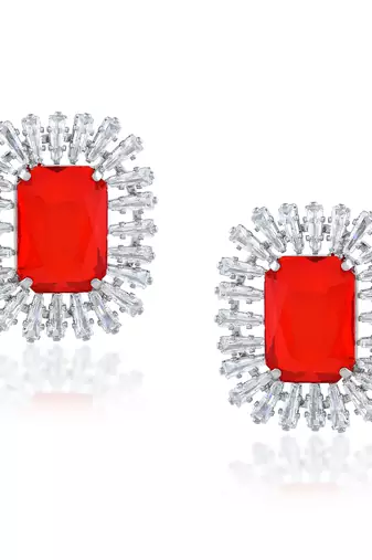 Brass silver red and white cz oct shape earrings