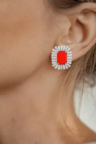 Brass silver red and white cz oct shape earrings