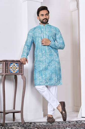 Blue digital printed work cotton straight kurta