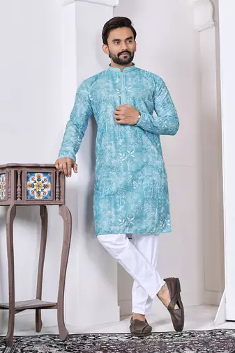 Blue digital printed work cotton straight kurta