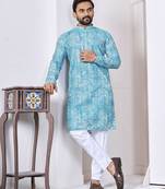 Blue digital printed work cotton straight kurta