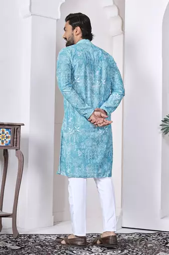 Blue digital printed work cotton straight kurta
