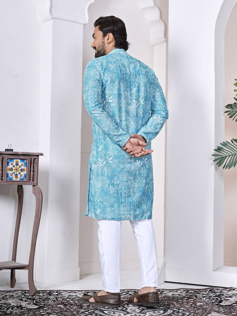 Blue digital printed work cotton straight kurta
