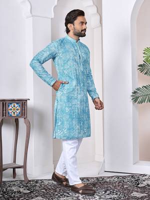 Blue digital printed work cotton straight kurta 3