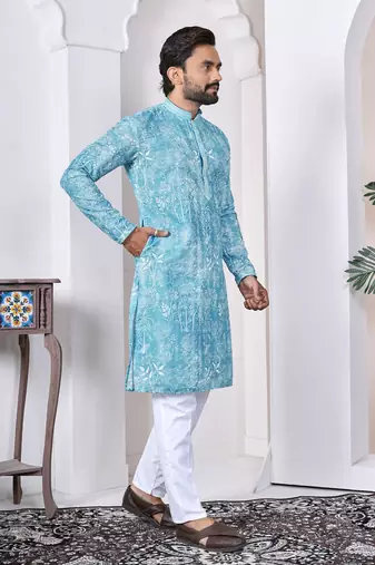Blue digital printed work cotton straight kurta