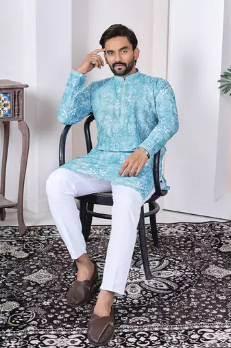Blue digital printed work cotton straight kurta
