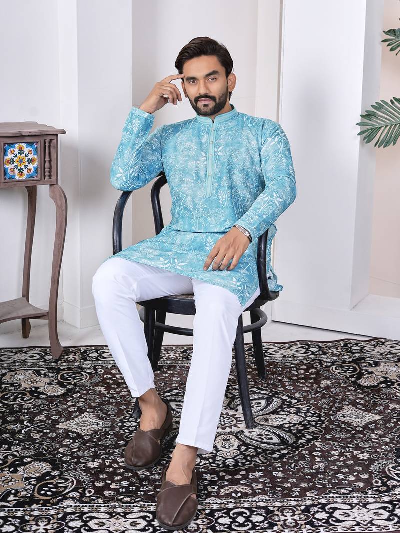 Blue digital printed work cotton straight kurta