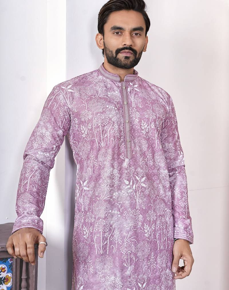 Purple digital printed work cotton straight kurta