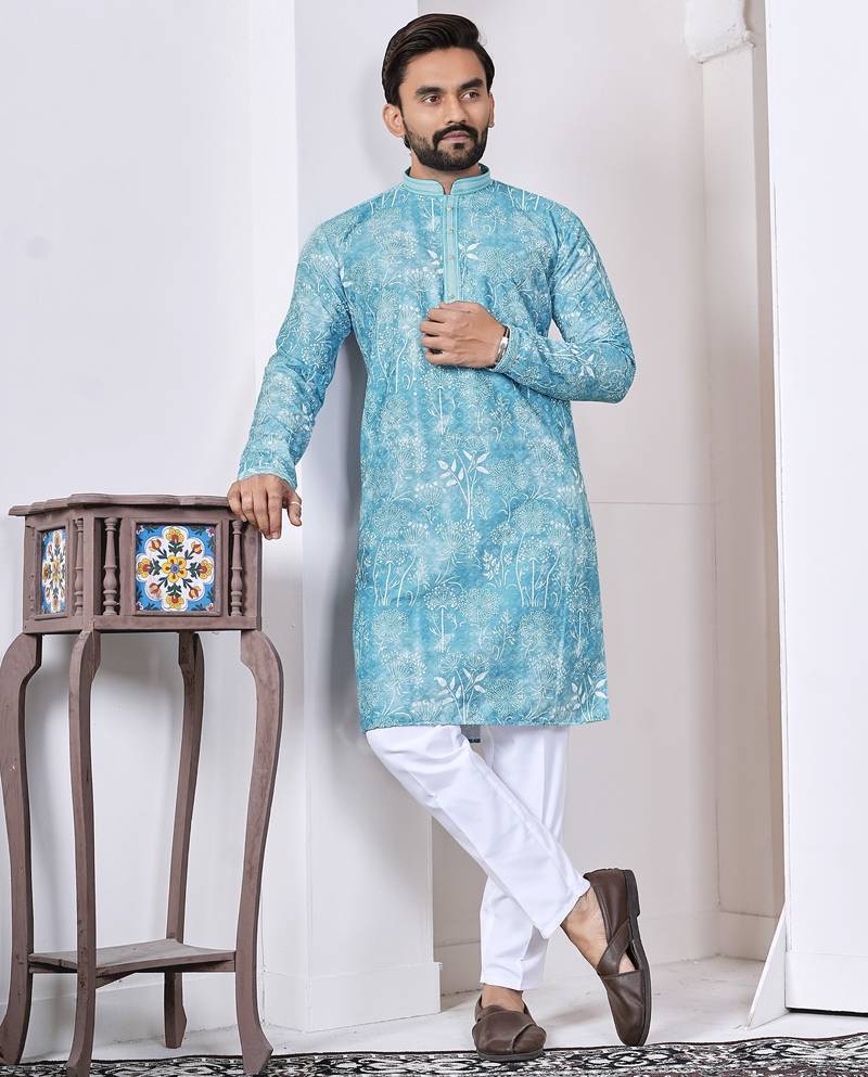 Sky blue digital printed work cotton straight kurta