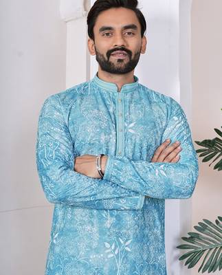 Sky blue digital printed work cotton straight kurta 2