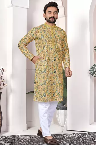 Yellow digital printed work cotton straight kurta