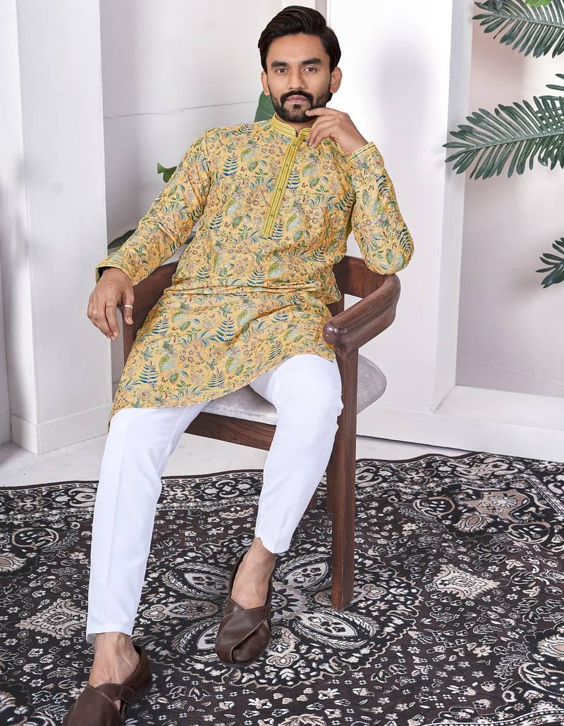 Yellow digital printed work cotton straight kurta