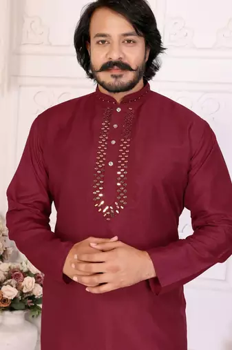 Maroon silk straight kurta with nack mirror work