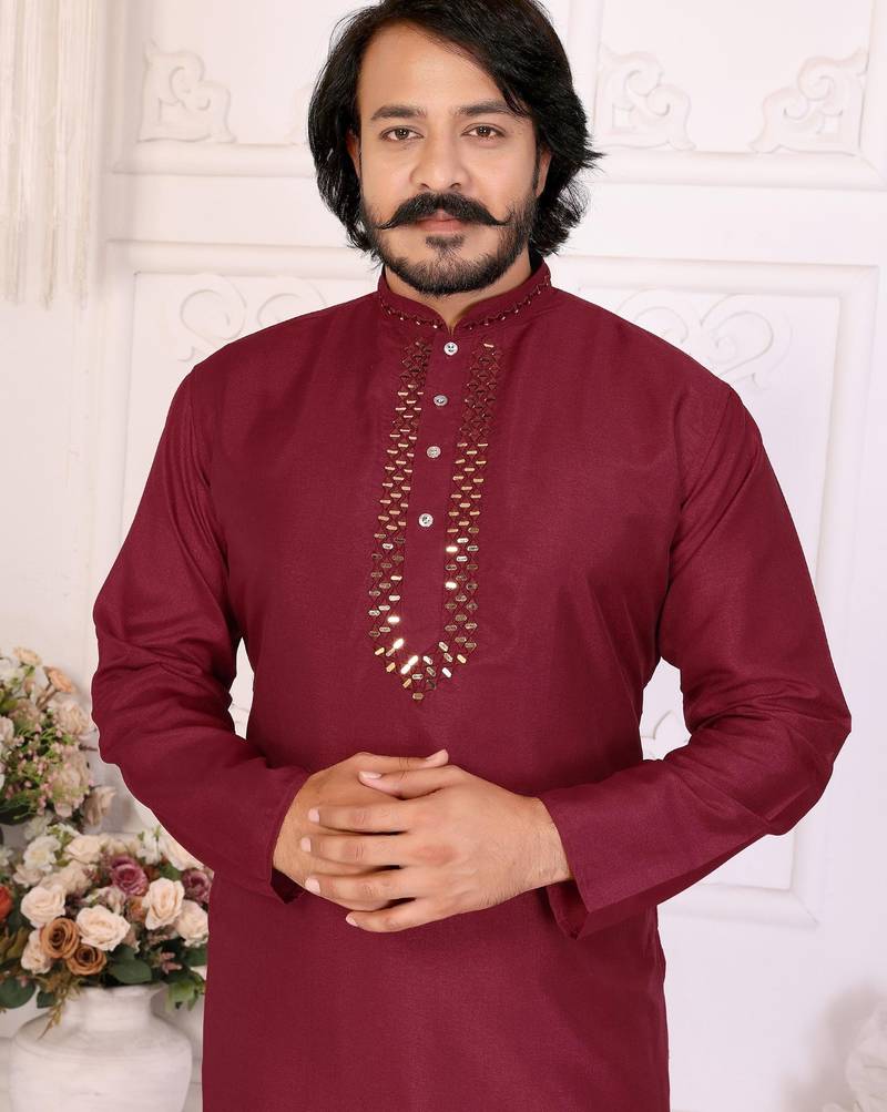 Maroon silk straight kurta with nack mirror work