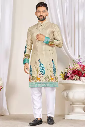 Beige dola silk straight kurta with foil work