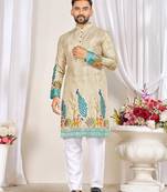Beige dola silk straight kurta with foil work