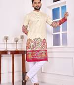 Beige dola silk straight kurta with foil work