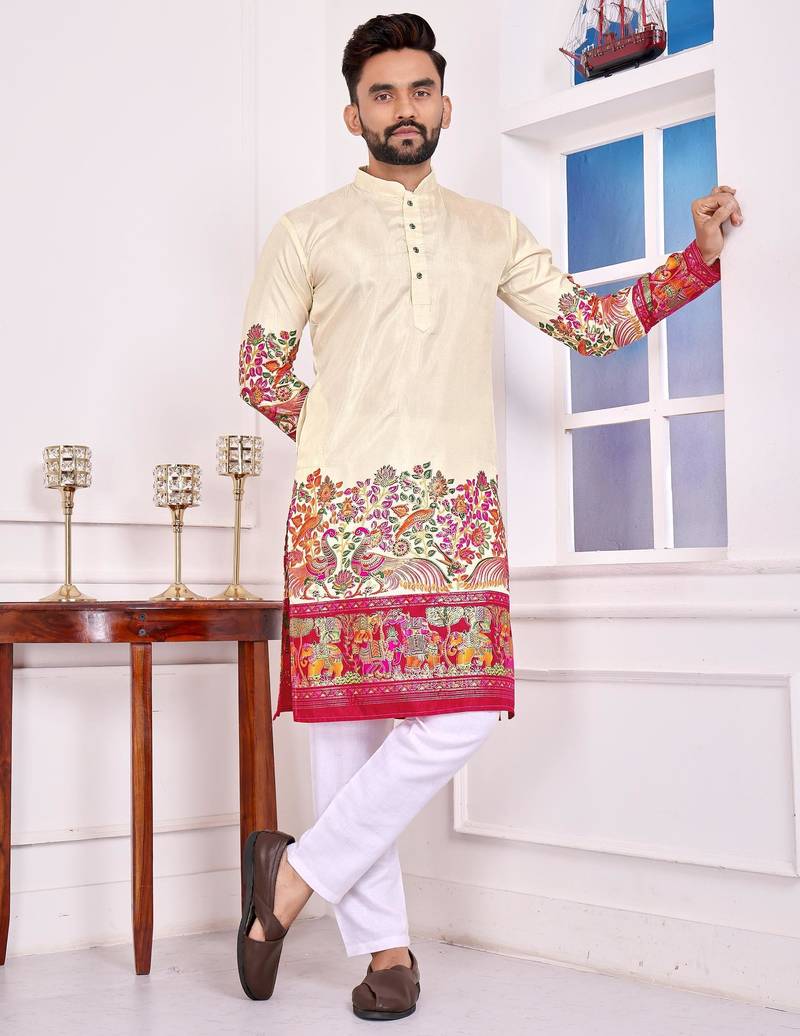 Beige dola silk straight kurta with foil work