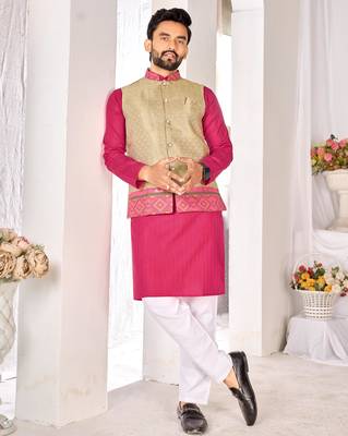 Beige cotton straight kurta payjama & koti with jequard work 1