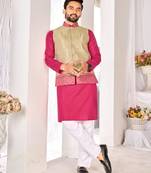 Beige cotton straight kurta payjama & koti with jequard work