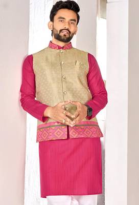 Beige cotton straight kurta payjama & koti with jequard work 2