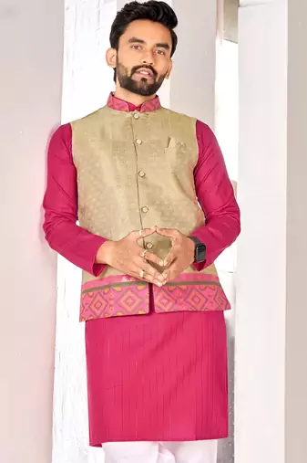 Beige cotton straight kurta payjama & koti with jequard work