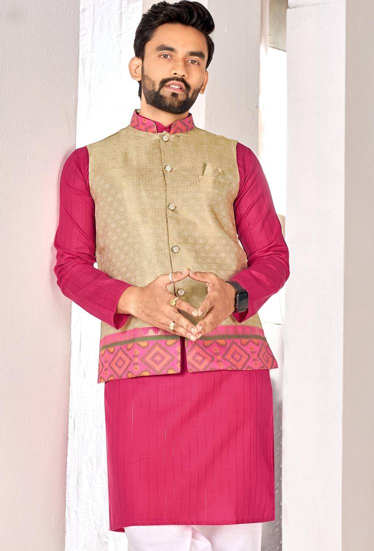 Beige cotton straight kurta payjama & koti with jequard work