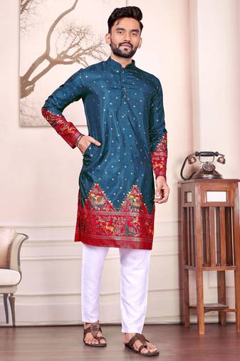 Teal dola silk straight kurta with foil work