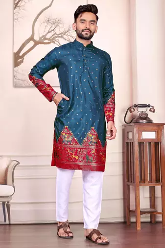 Teal dola silk straight kurta with foil work