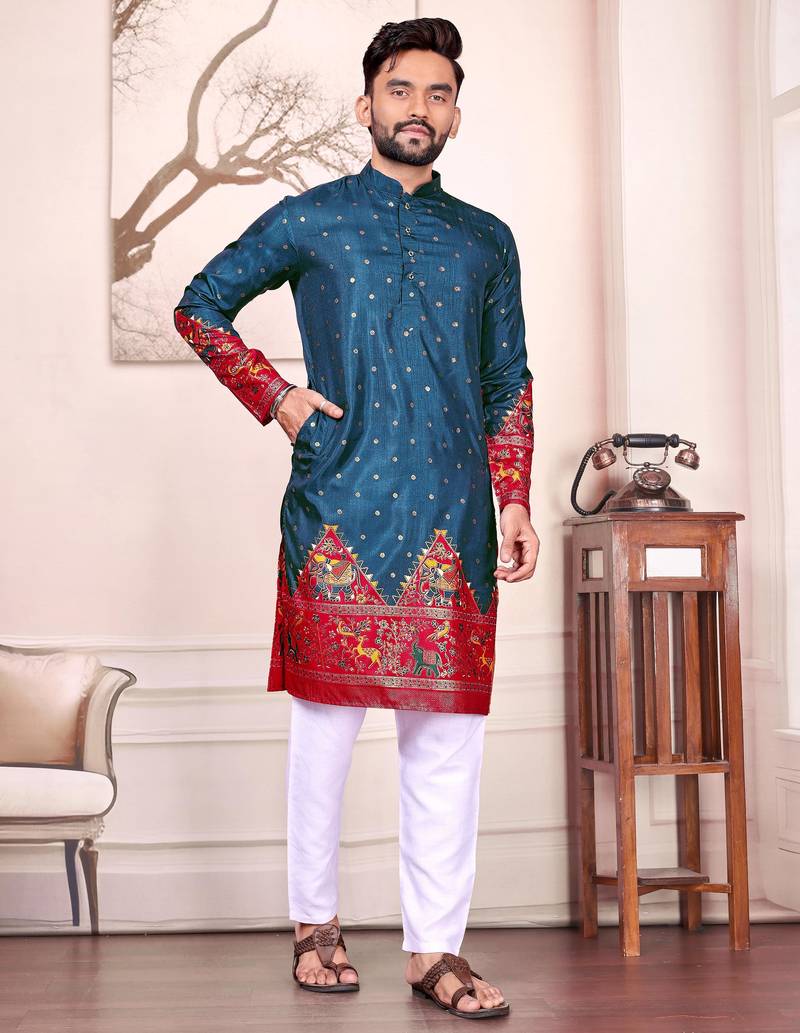 Teal dola silk straight kurta with foil work