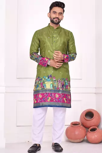 Green dola silk straight kurta with foil work