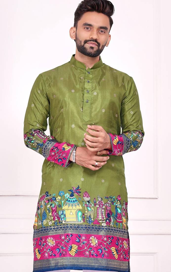 Green dola silk straight kurta with foil work