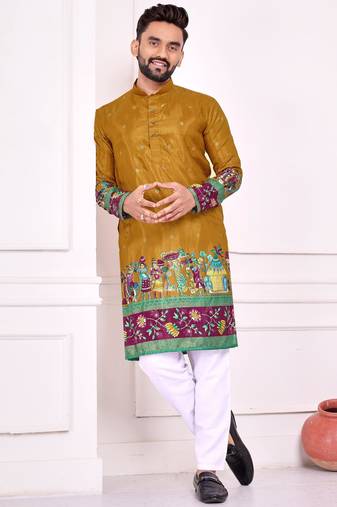 Mustard dola silk straight kurta with foil work