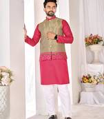 Mehendi cotton straight kurta payjama & koti with jequard work