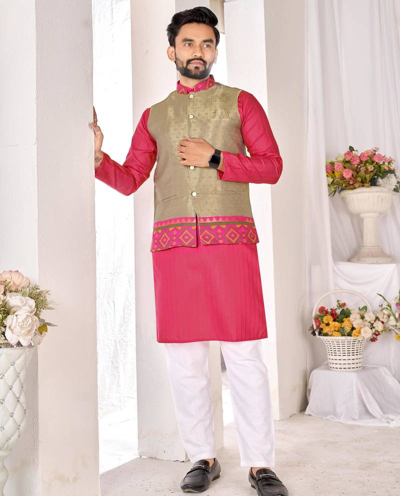 Mehendi cotton straight kurta payjama & koti with jequard work