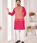 Peach cotton straight kurta payjama & koti with jequard work