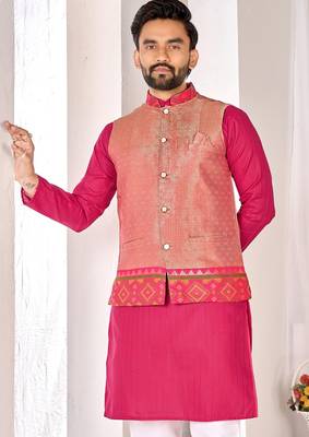 Peach cotton straight kurta payjama & koti with jequard work 2