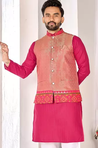 Peach cotton straight kurta payjama & koti with jequard work