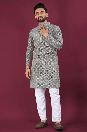 Grey chikankari work viscose rayon straight kurta