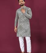 Grey chikankari work viscose rayon straight kurta
