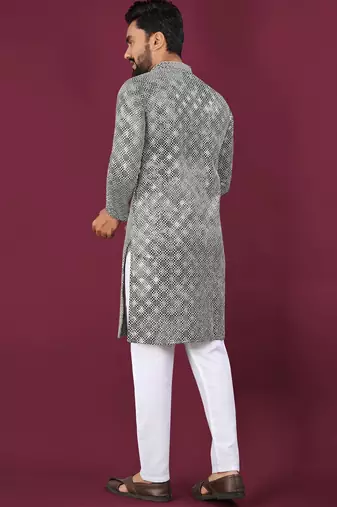Grey chikankari work viscose rayon straight kurta