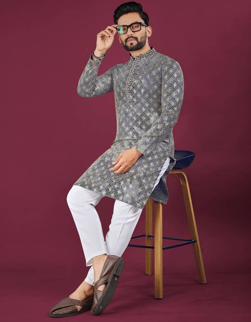 Navy chikankari work viscose rayon straight kurta