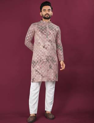 Pink chikankari work viscose rayon straight kurta 1