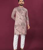 Pink chikankari work viscose rayon straight kurta