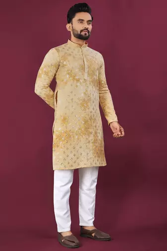 Yellow chikankari work viscose rayon straight kurta