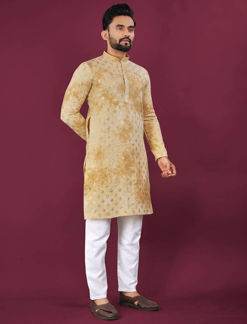 Yellow chikankari work viscose rayon straight kurta