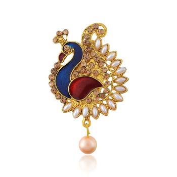 Brass gold plated  pearl cz peacock shaped sareepin brooch 1