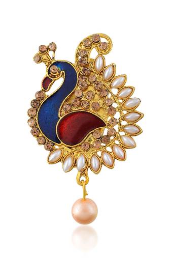 Brass gold plated  pearl cz peacock shaped sareepin brooch