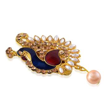 Brass gold plated  pearl cz peacock shaped sareepin brooch 2