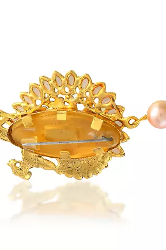 Brass gold plated  pearl cz peacock shaped sareepin brooch